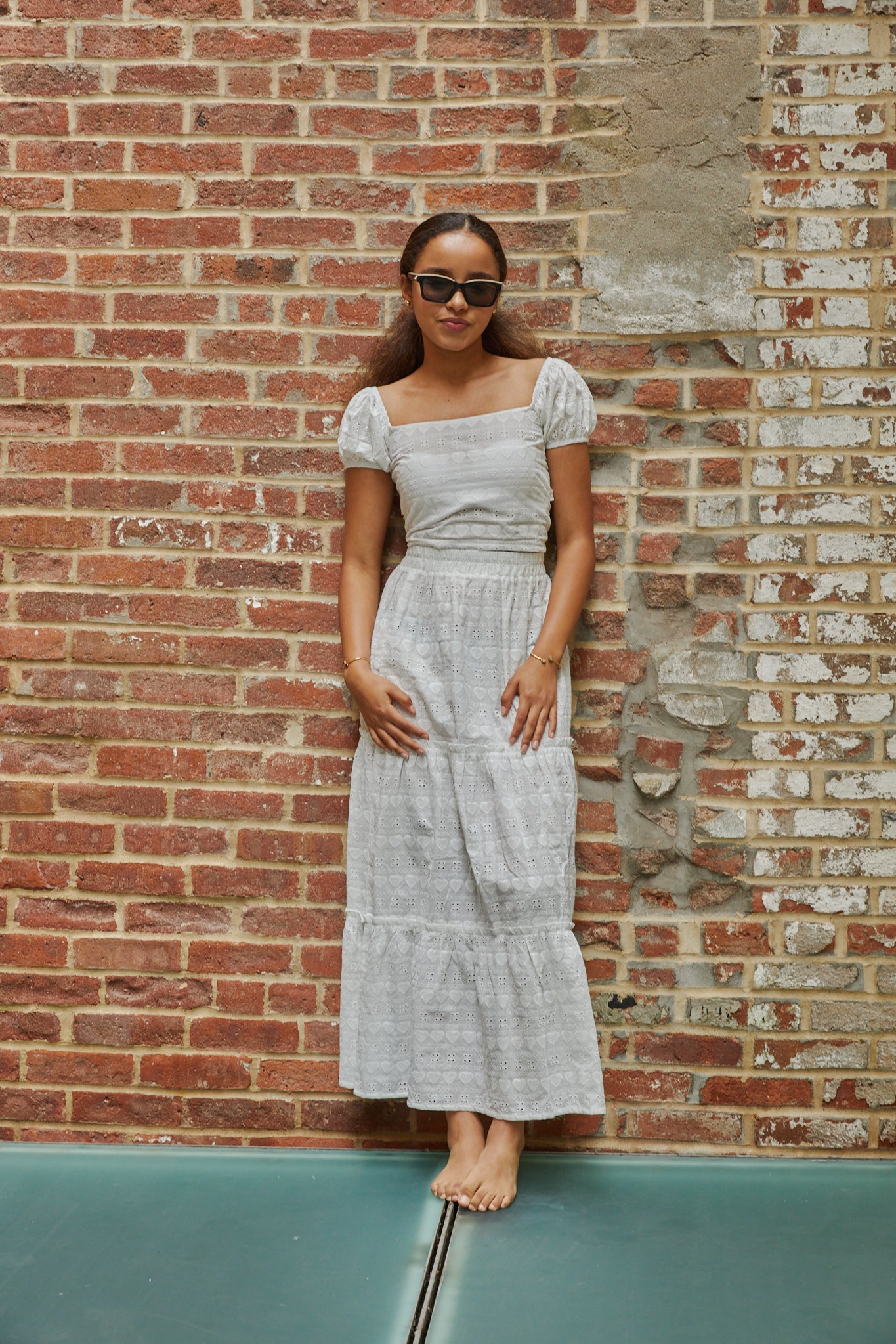 Noa White Heart & Flower Eyelet Tie Back Top
