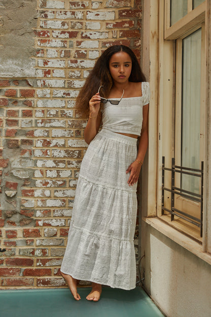 Noa White Heart & Flower Eyelet Tie Back Top