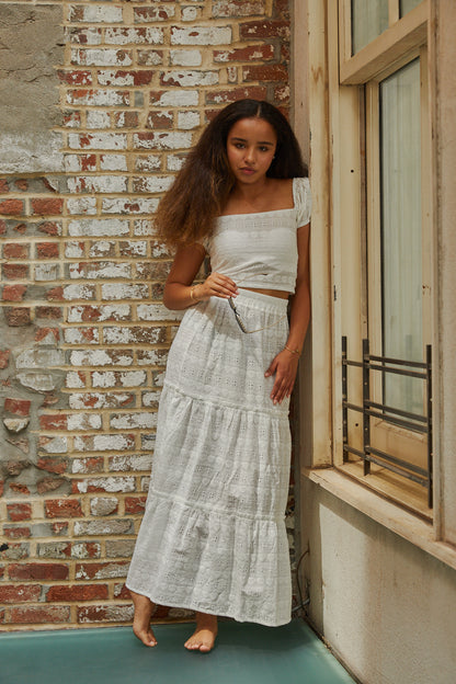 Noa White Heart & Flower Eyelet Tie Back Top