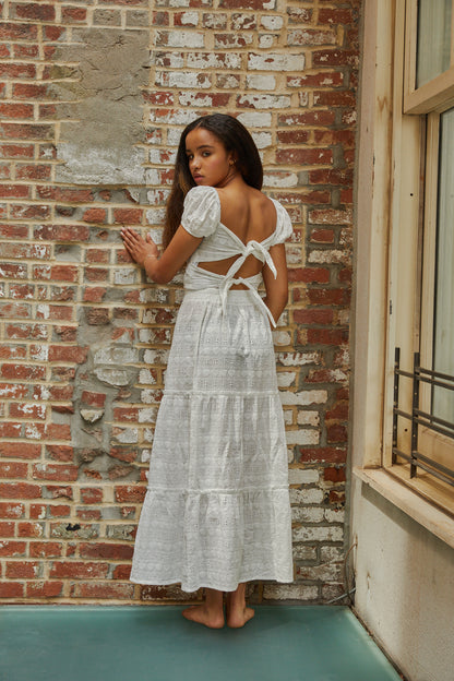 Noa White Heart & Flower Eyelet Tie Back Top