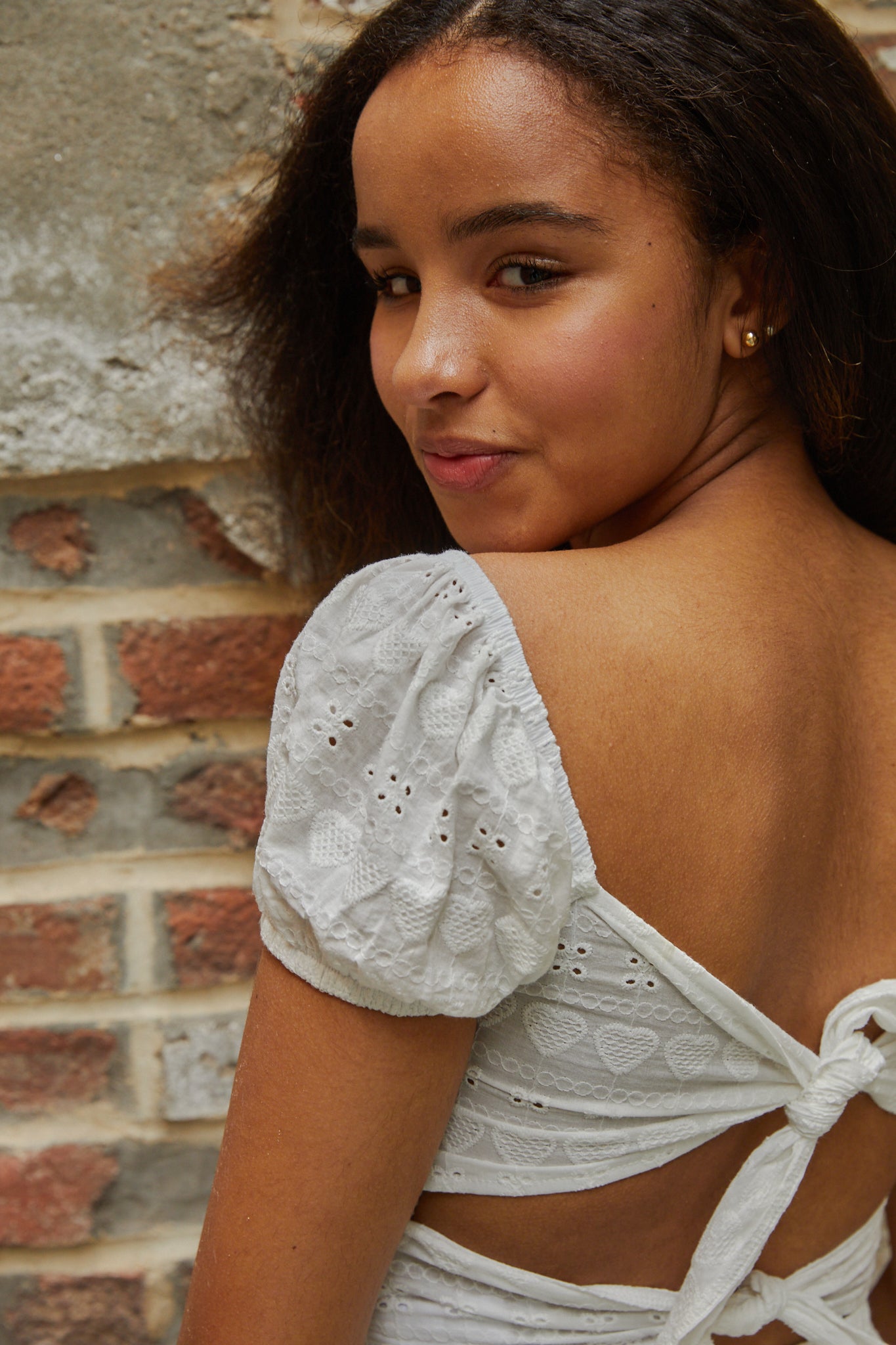Noa White Heart & Flower Eyelet Tie Back Top