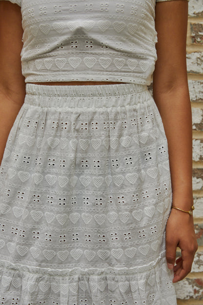 Noa White Heart & Flower Eyelet Tie Back Top