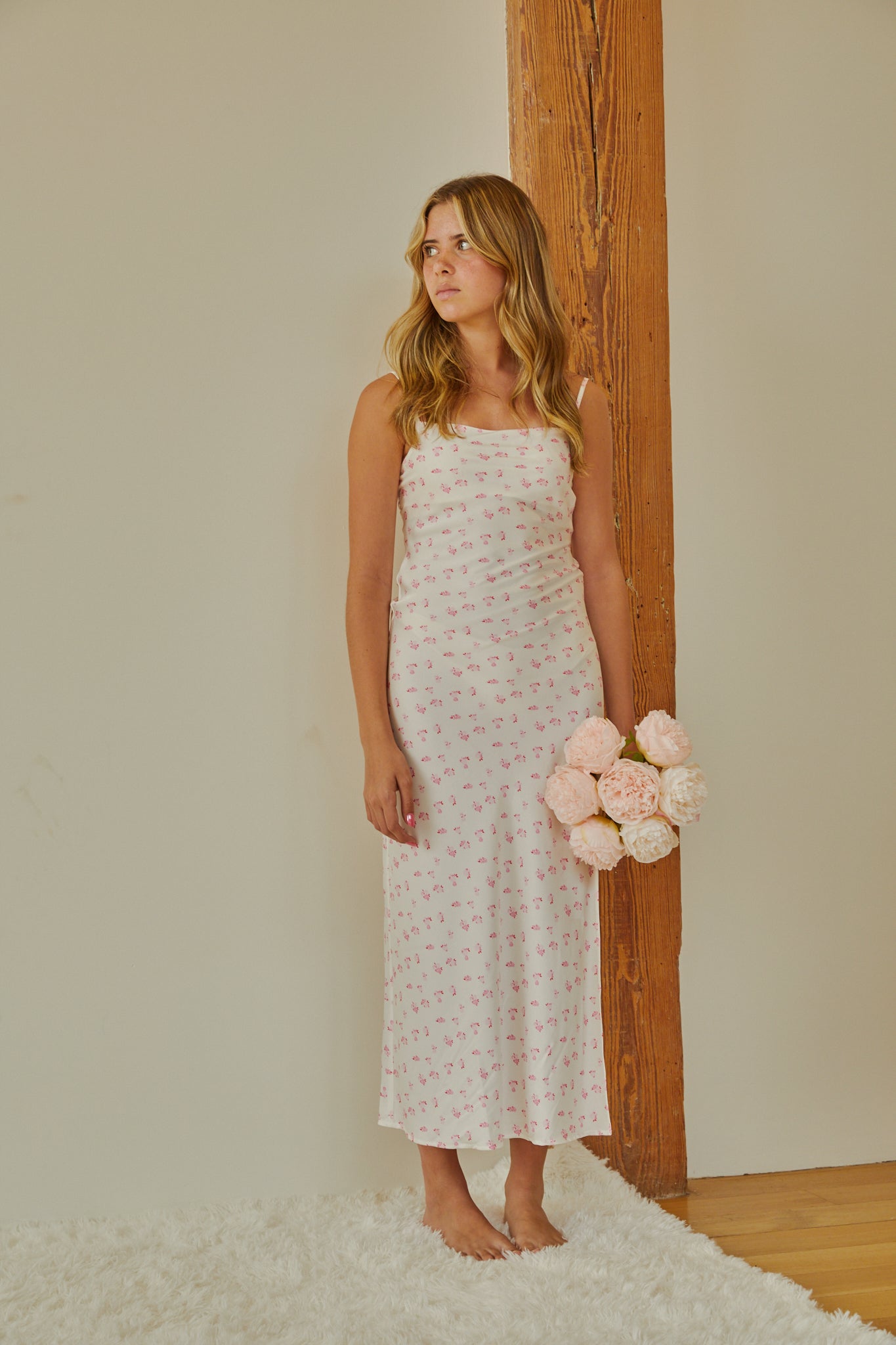 Charlotte White With Pastel Pink Ditsy Long Satin Dress