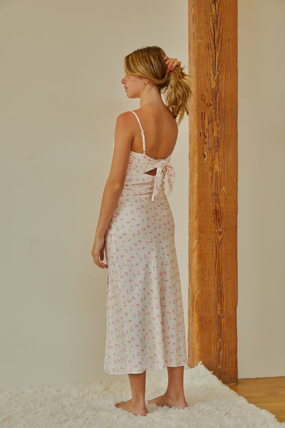 Charlotte White With Pastel Pink Ditsy Long Satin Dress