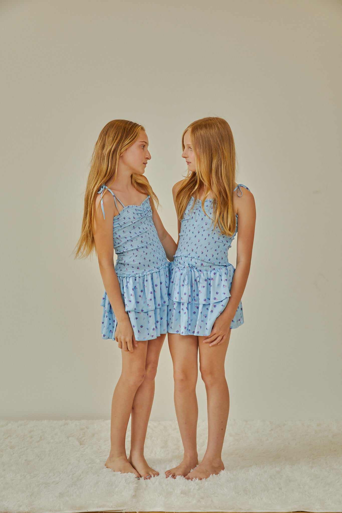 Lola Pastel Blue Ditsy Satin Smocked Ruffle Dress