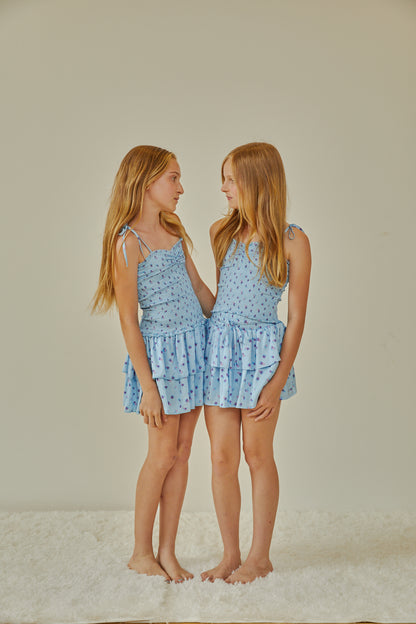 Georgia Pastel Blue Ditsy Satin Smocked Top