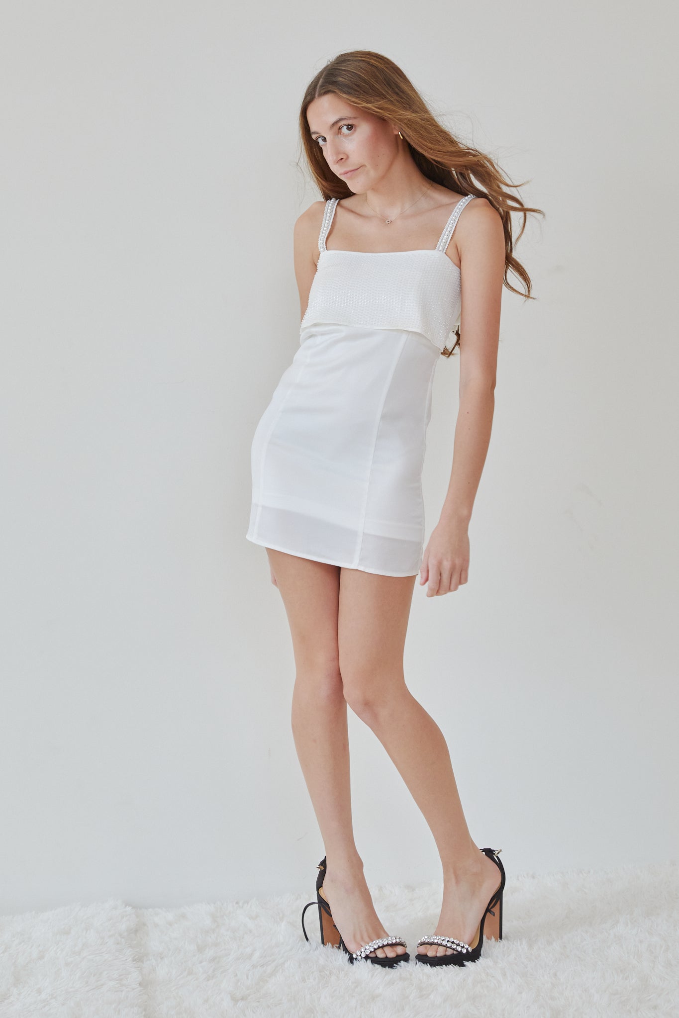 Chloe White Satin Dress With Pearls Chloe White Satin Dress With Pearls