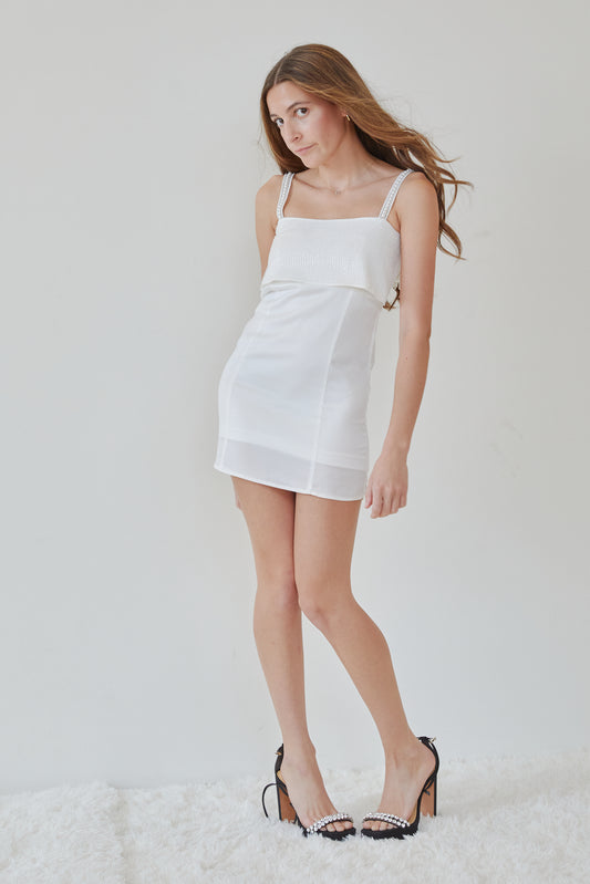 Chloe White Satin Dress With Pearls