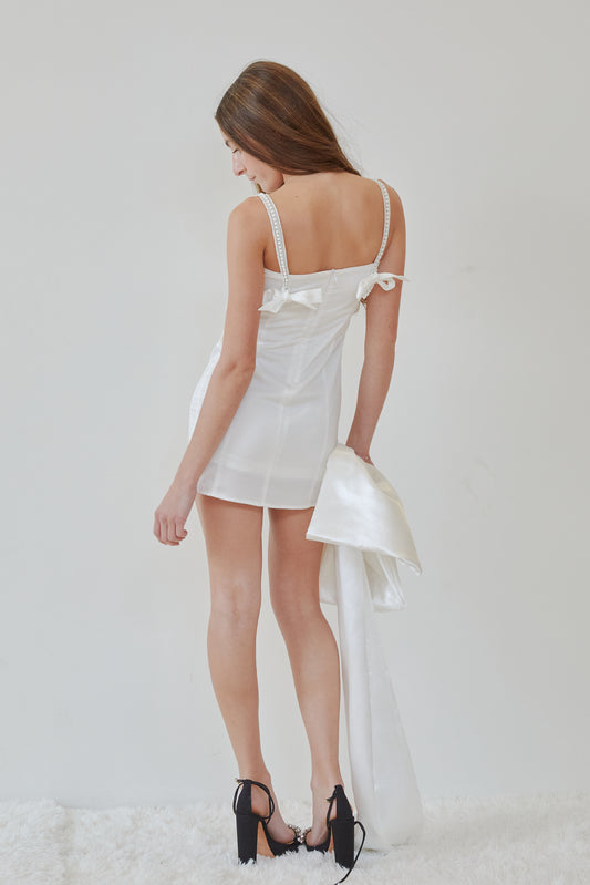 Chloe White Satin Dress With Pearls