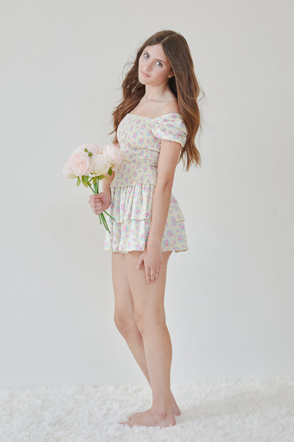 Lexi Romantic Rose With Yellow Satin Smocked Short Sleeve Ruffle Dress