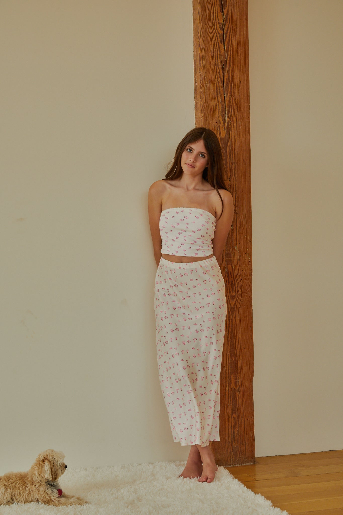 Joey White With Pastel Pink Ditsy Satin Maxi
