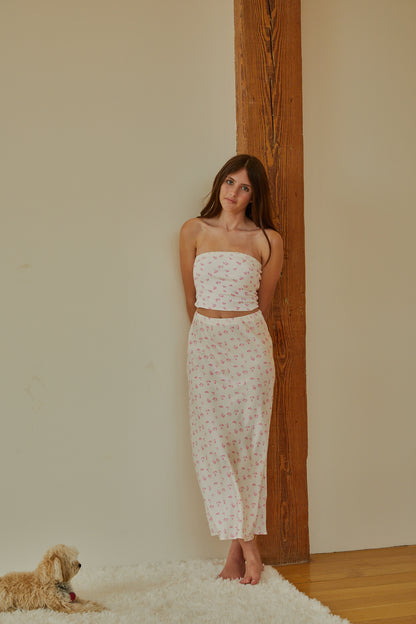 Joey White With Pastel Pink Ditsy Satin Maxi