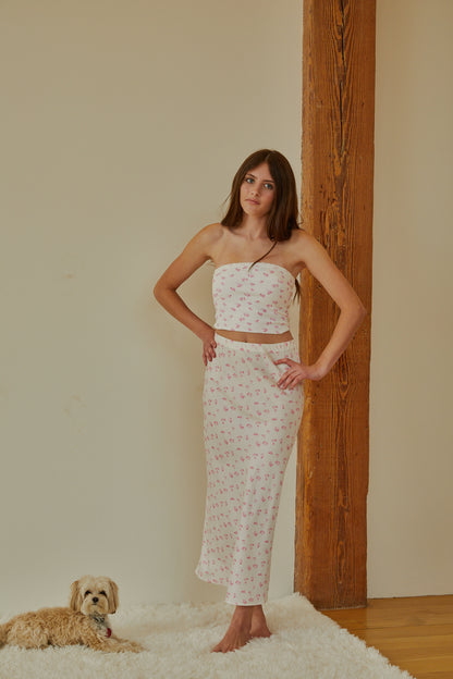 Joey White With Pastel Pink Ditsy Satin Maxi