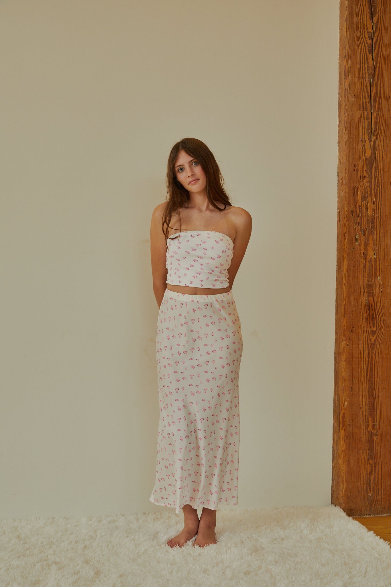 Joey White With Pastel Pink Ditsy Satin Maxi