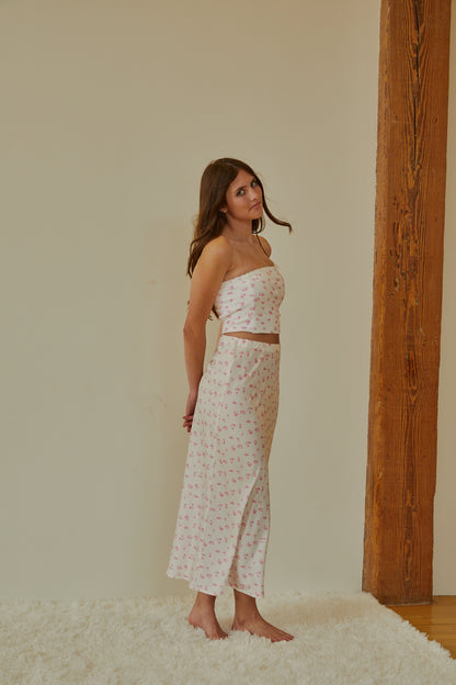 Joey White With Pastel Pink Ditsy Satin Maxi