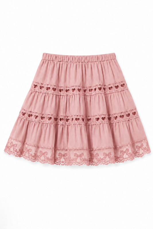 Sophia Ballet Pink Cotton Lace Heart Bow Lace Mini Skirt