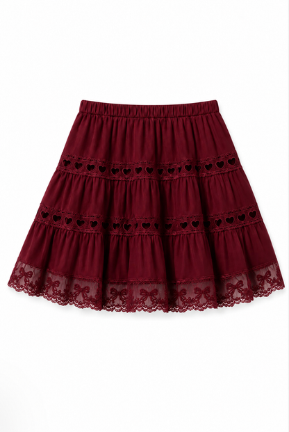 Sophia Merlot Cotton Lace Heart Bow Lace Mini Skirt
