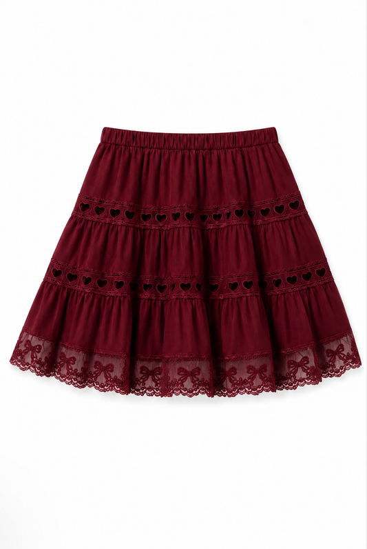 Sophia Merlot Cotton Lace Heart Bow Lace Mini Skirt