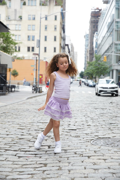 Gemma Lavender With White Lace Heart Dobbie Smocked Ruffle Mini Skirt