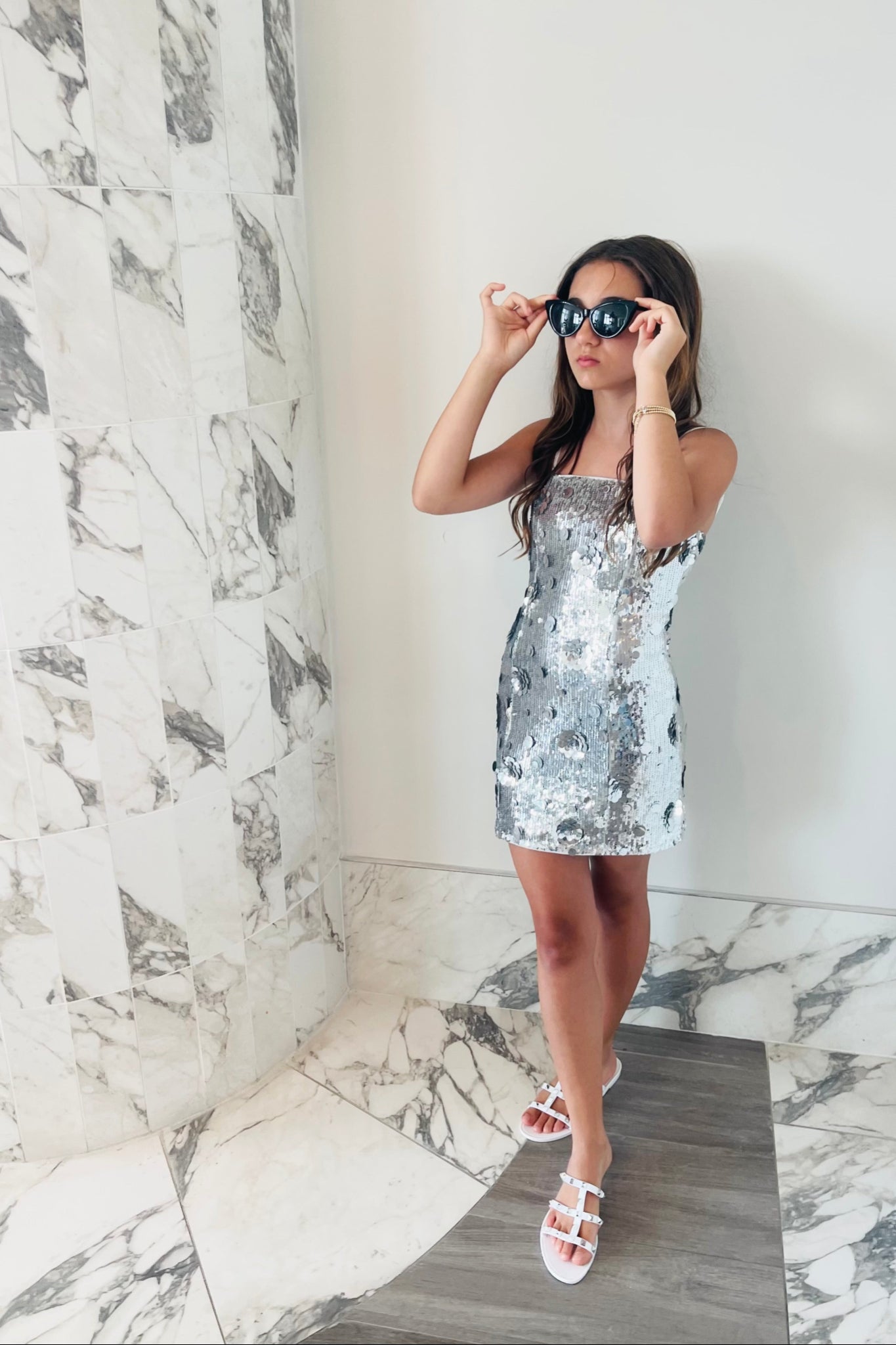Lena Silver Flower Sequin Dress