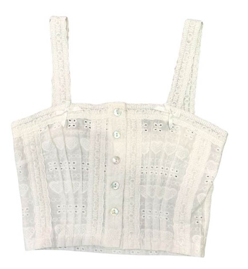 Skylar White Heart & Flower Eyelet With White Ribbon Tank Top