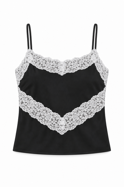 Margot Black With Cream Lace Satin Tank With Lace Trim